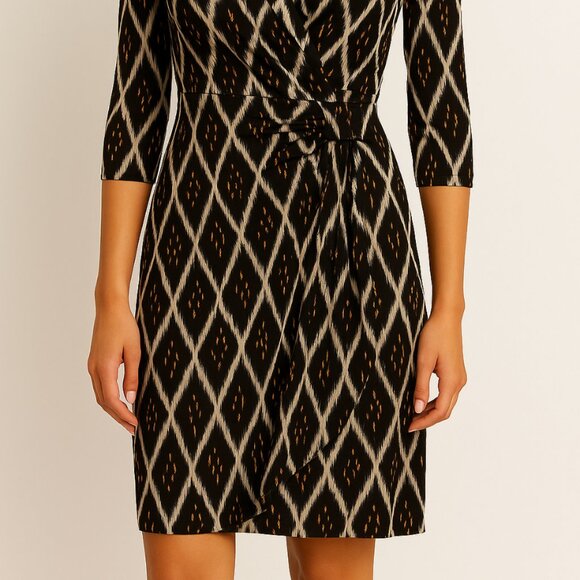 NWT Karen Kane Dress Size M Boho Chic Solar Ikat Faux Wrap Gold Sun Brown Black - Picture 2 of 16